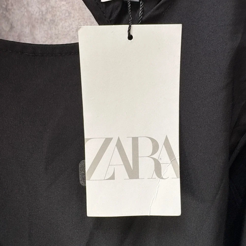 ZARA Puff Sleeve Tiered Mini Dress Size S Black Cut Out Tie Back